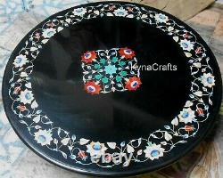 Round Black Marble Coffee Table Top Mosaic Art Patio Sofa Table 24 Inches