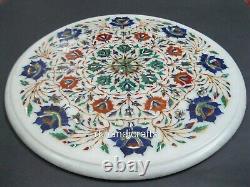 Round Marble Coffee Table Top Gemstones Inlaid Bed Side Table for Home 15 Inches