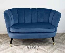 Scalloped Back Upholstered Velvet Sofa Loveseat Settee Accent Occasional Blue