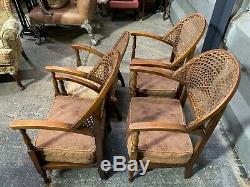 Set of 4x antique art deco 1930's bergere chairs turned beech frame low armchair