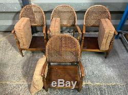 Set of 4x antique art deco 1930's bergere chairs turned beech frame low armchair