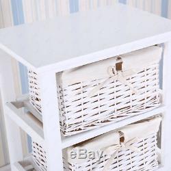 Shabby Chic White Wooden Bedside Table Cabinet with 4 Wicker Baskets Storage