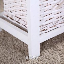 Shabby Chic White Wooden Bedside Table Cabinet with 4 Wicker Baskets Storage