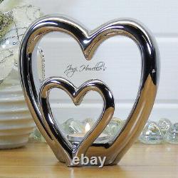 Silver Double HEART Tea Light Candle Holder Ornament Romance Love Home Deco Gift