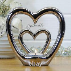Silver Double HEART Tea Light Candle Holder Ornament Romance Love Home Deco Gift