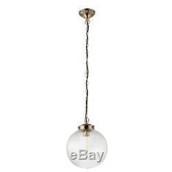 Single Light Pendant Art Deco Ceiling Fitting Ribbed Glass & Brass Dia 35cm