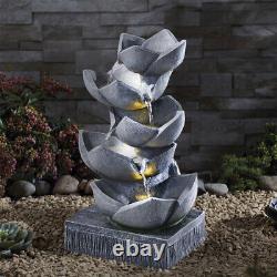 Solar Water Feature Fountain with Lights Resin Lotus Bowls Cascading Waterfall