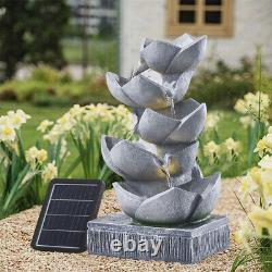 Solar Water Feature Fountain with Lights Resin Lotus Bowls Cascading Waterfall