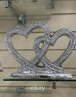 Sparkly Silver Double Heart Bling Ornament Crushed Diamond Shelf Sitter
