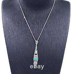 Sterling Silver Art Deco Style Necklace 925 Silver & Marcasite With Blue Hexagon