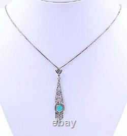 Sterling Silver Art Deco Style Necklace 925 Silver & Marcasite With Blue Hexagon