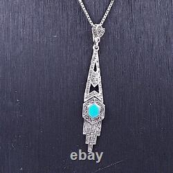 Sterling Silver Art Deco Style Necklace 925 Silver & Marcasite With Blue Hexagon