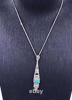 Sterling Silver Art Deco Style Necklace 925 Silver & Marcasite With Blue Hexagon