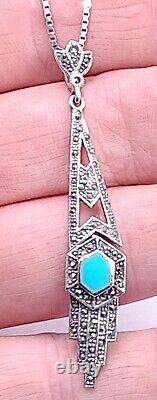 Sterling Silver Art Deco Style Necklace 925 Silver & Marcasite With Blue Hexagon