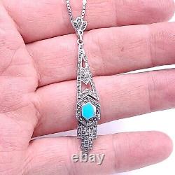 Sterling Silver Art Deco Style Necklace 925 Silver & Marcasite With Blue Hexagon