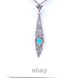 Sterling Silver Art Deco Style Necklace 925 Silver & Marcasite With Blue Hexagon