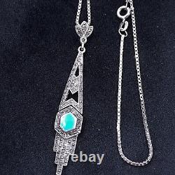 Sterling Silver Art Deco Style Necklace 925 Silver & Marcasite With Blue Hexagon