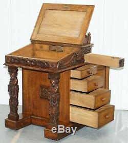 Stunning Hand Carved Early Victorian Circa 1840 Davenport Writing Desk Drawers