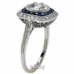 Stunning Platinum Art Deco Style Old European Diamond & Sapphire Engagement Ring
