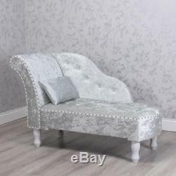 Stunning Silver Crushed Velvet Chaise Longue with Grey Legs and Stud Detail