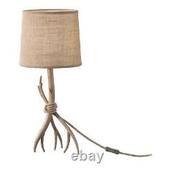 Table Lamp Cast Iron Rope Wood Effect Art deco Rustic Brown Linen Fabric Shade