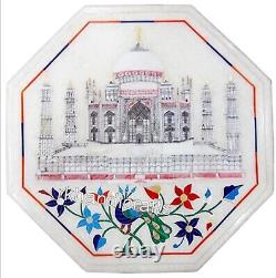 Taj Mahal Replica Inlay Work Coffee Table Top White Marble End Table 12 Inches