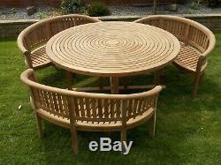 Teak garden furniture round table 3 Banana Benches With Lazy Susan