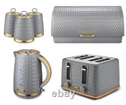 Tower Grey Empire Jug Kettle 4 Slice Toaster, Bread Bin & Canisters Set of 6