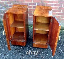 True pair antique Art Deco burr walnut chrome bedside cabinets chests cupboards