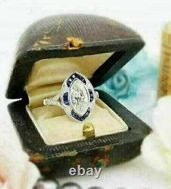 Unique Art Deco style Marquise Cut moissanite & Sapphire Engagement Ring Silver
