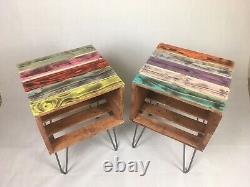 Upcycled retro reclaimed Wood crate Side Table with industrial hairpin legs