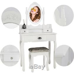 Vanity Dressing Table 3 Drawer&Mirror Set WithStool Bedroom Makeup Desk Wood White