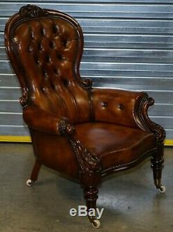Victorian Show Frame Carved Acanthus Walnut & Brown Leather Restored Armchair