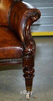 Victorian Show Frame Carved Acanthus Walnut & Brown Leather Restored Armchair