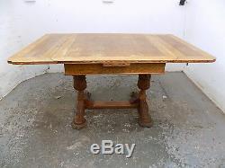 Vintage, 1930's, oak, drawer leaf, extending, dining table, carved, pedestal base, table