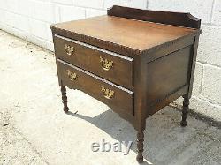 Vintage, 1930's, small, low, oak, 2 drawer, chest of drawers, drawers, turned legs, brass