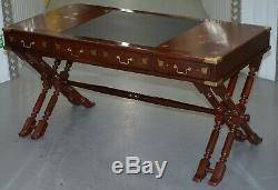 Vintage 1960's Rosewood & Brass Inlaid Trestle Campaign Desk & Chair Office Set