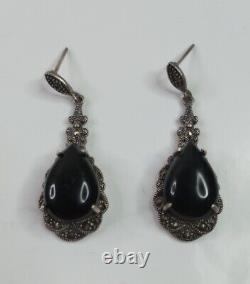 Vintage 925 Silver Black Onyx Marcasite Art Deco Style Earrings Thai Signed