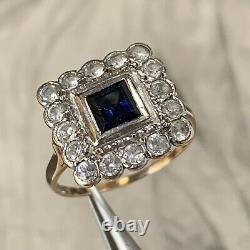 Vintage 9ct Gold Blue & White Spinel Princess Cluster Ring, Art Deco Style UK O