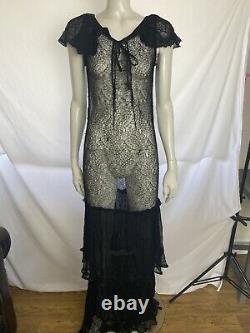 Vintage Antique 1920s Black Lace Gown Dress Xs S Spanish Style