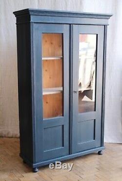 Vintage Antique Blue Painted Larder Linen Press Glass Cupboard Armoire Cabinet