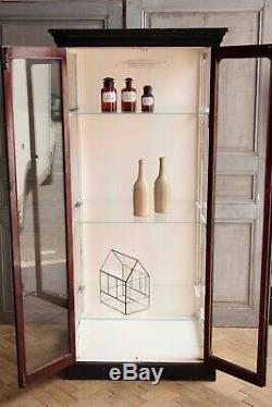 Vintage Antique Ebony Mahogany Glass Medical Cabinet Haberdashery