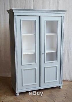 Vintage Antique Grey Painted Larder Linen Press Glass Cupboard Armoire Cabinet