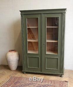 Vintage Antique Khaki Green Larder Linen Press Glass Cupboard Armoire Cabinet