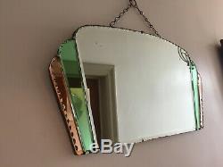 Vintage Art Deco Frameless Green & Peach Tinted Fan Mirror 1930s Bevelled m159