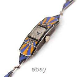 Vintage Art Deco Ladies Sterling Silver & Blue, YellowithOrange Enamel Watch