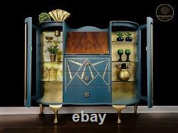 Vintage, Art Deco, Retro, Drinks, Display Cabinet, Blue Gold Leaf