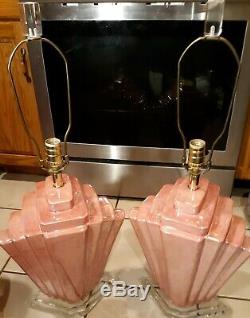 Vintage Art Deco Style Pink Ceramic Lucite Base Electric Table Lamp Matching Set
