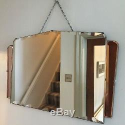 Vintage Frameless Peach Tinted Mirror Art Deco 1930s Bevelled Chain 64x41cm m115