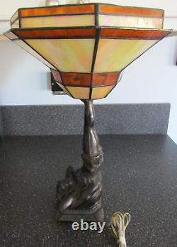 Vintage Semi Nude Metal or Cast Iron Art Deco Style Lamp with Tiffany Style Shade